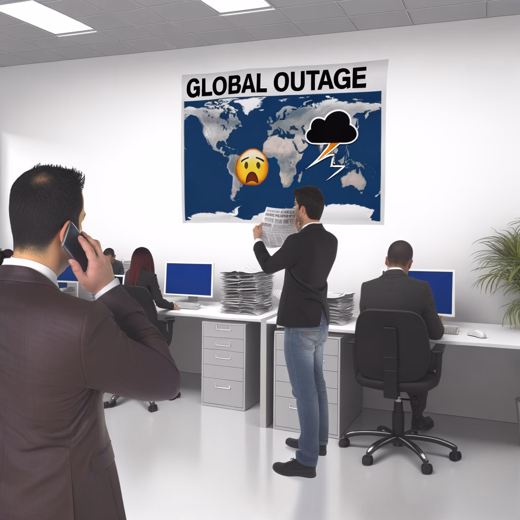 A digital illustration of a cloud with a red warning sign, symbolizing AWS outage.