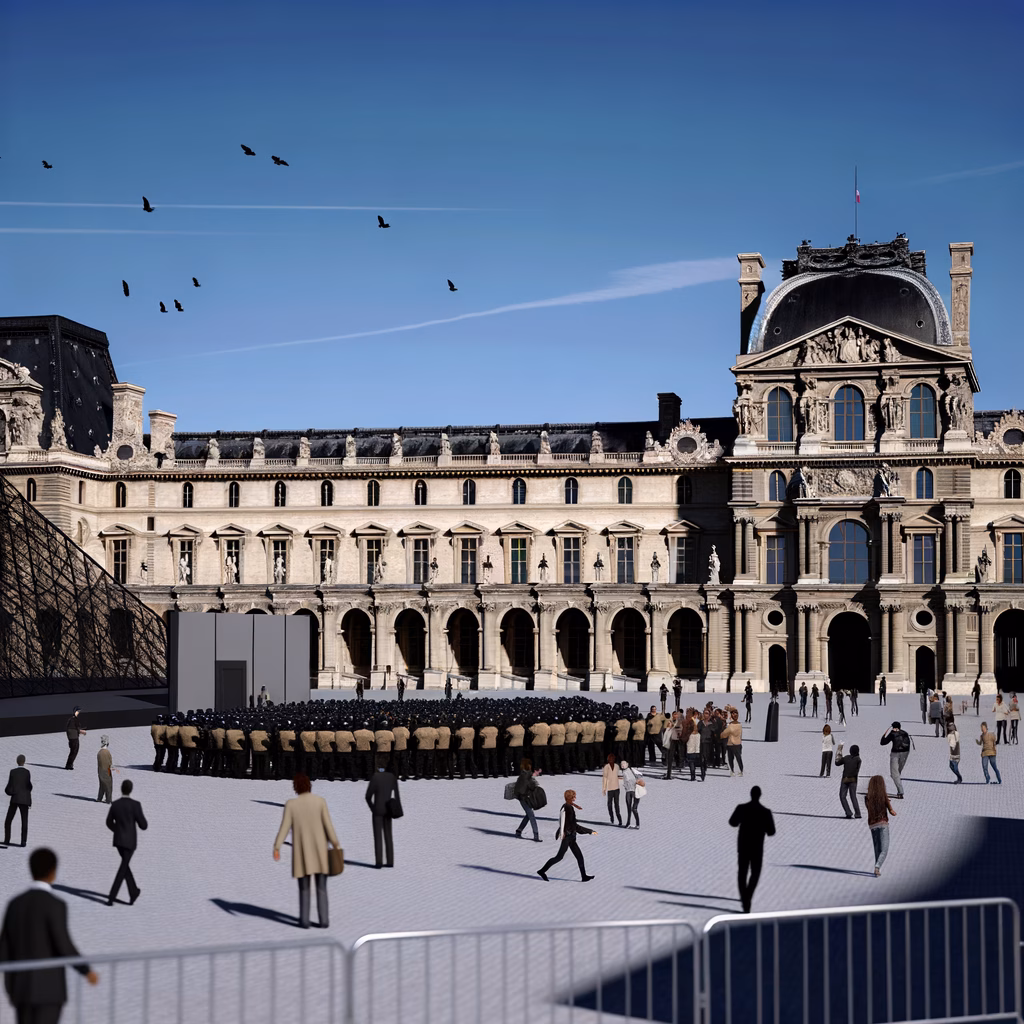 Exterior view of the Louvre Museum in Paris, highlighting its iconic glass pyramid entrance.