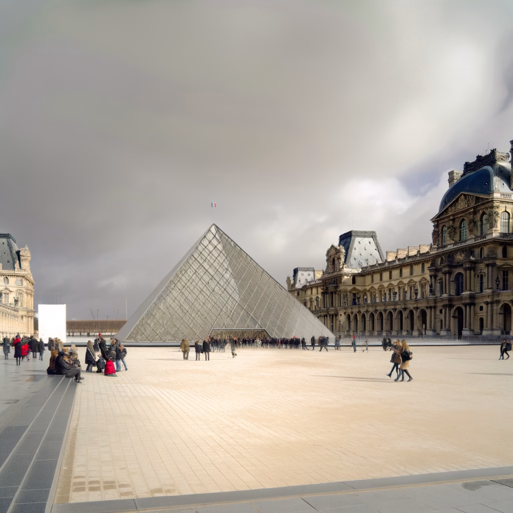 The Louvre Museum at night with illuminated glass pyramid entrance, Paris.