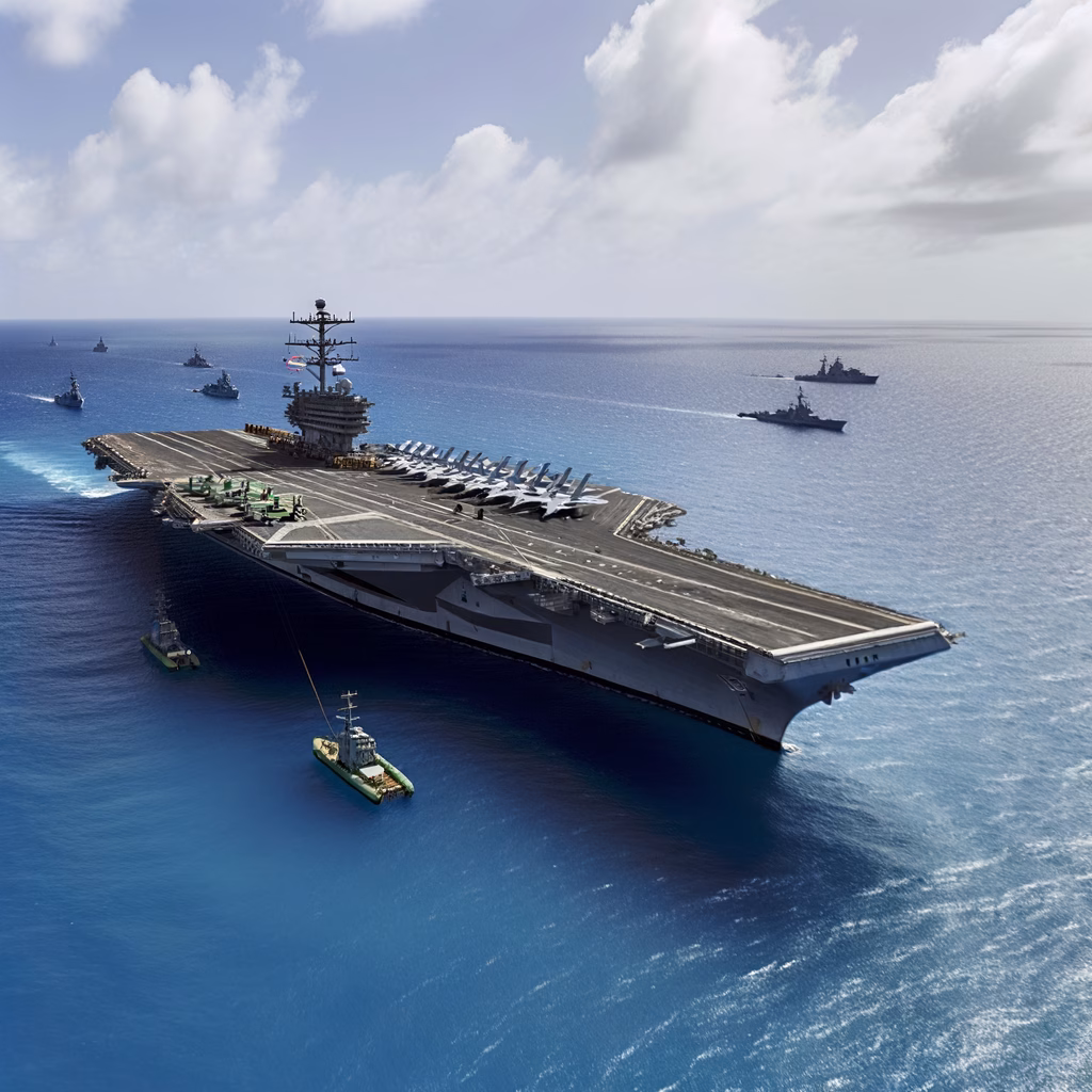 US Navy's Gerald R. Ford Carrier sailing in the ocean, showcasing military strength.