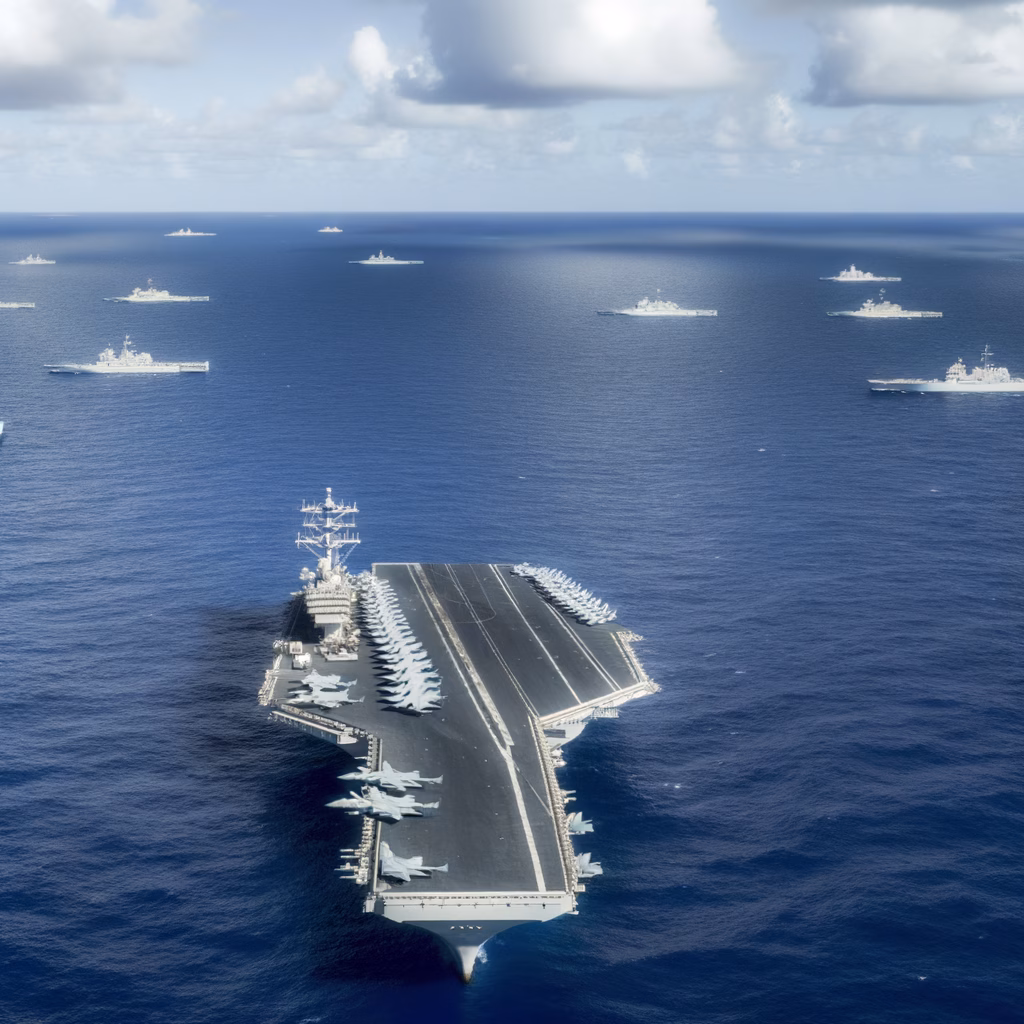 US aircraft carrier sailing in the Caribbean during a military operation.