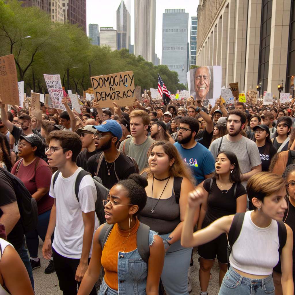 No Kings Protests Challenge Trump 5 Protesters hold 'No Kings' signs in a large crowd, demanding democracy in the US.
