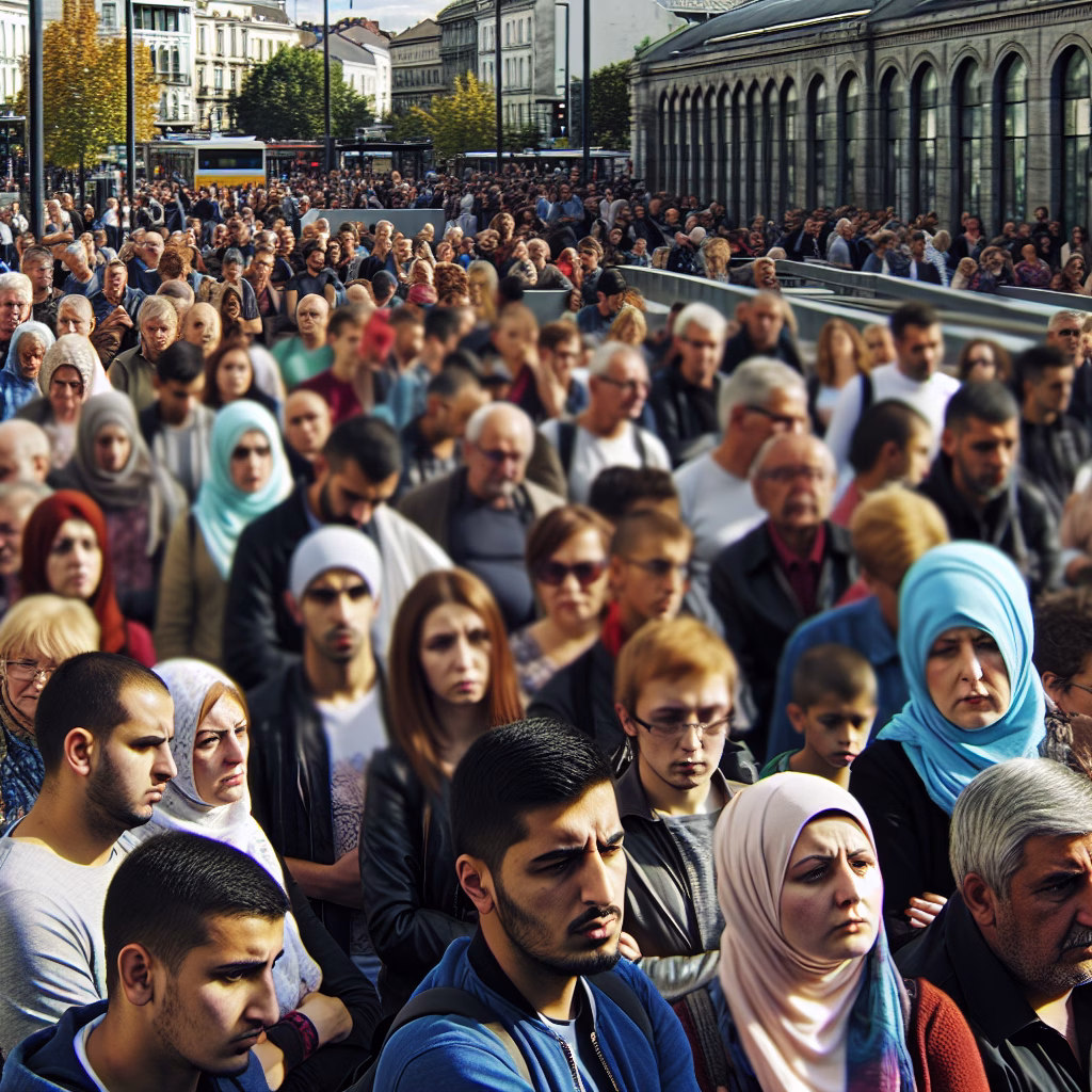 European cityscape with concerned citizens reflecting on current events.