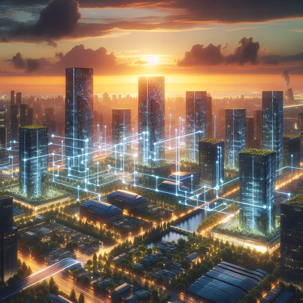 Futuristic AI data centers with greenery and renewable energy at dusk.