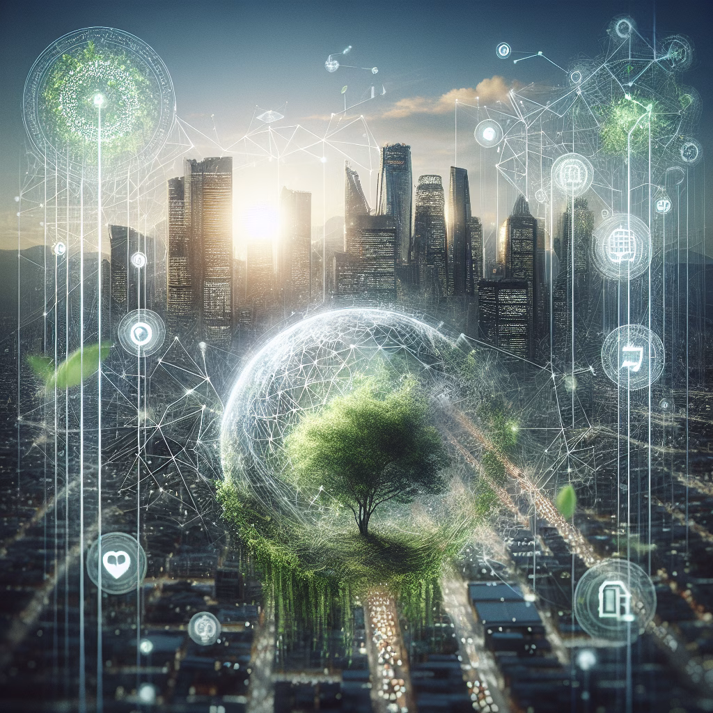 Tech and nature balance with data streams and urban symmetry, warm daylight.