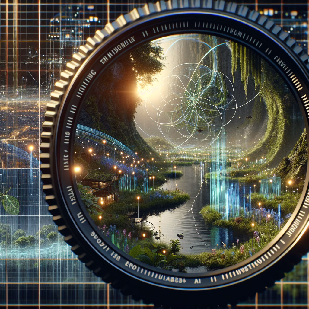 AI and nature balance with data streams and renewable light patterns