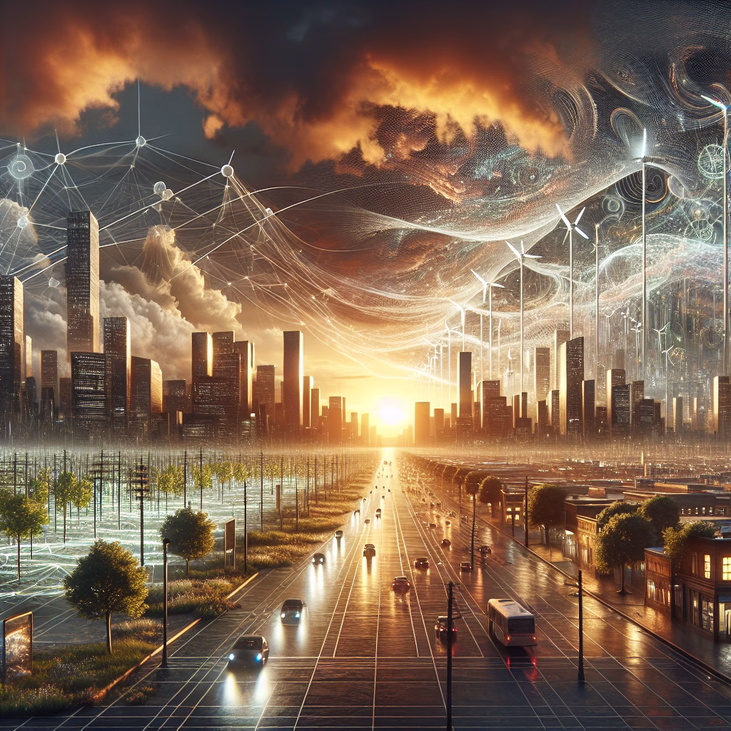 AI systems integrated with nature and architecture, highlighting energy demand and sustainability.