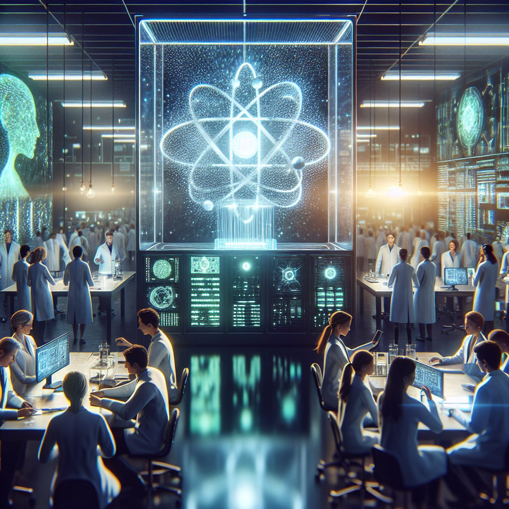 Scientists collaborate in a lab with a quantum computer and AI for sustainable innovation.