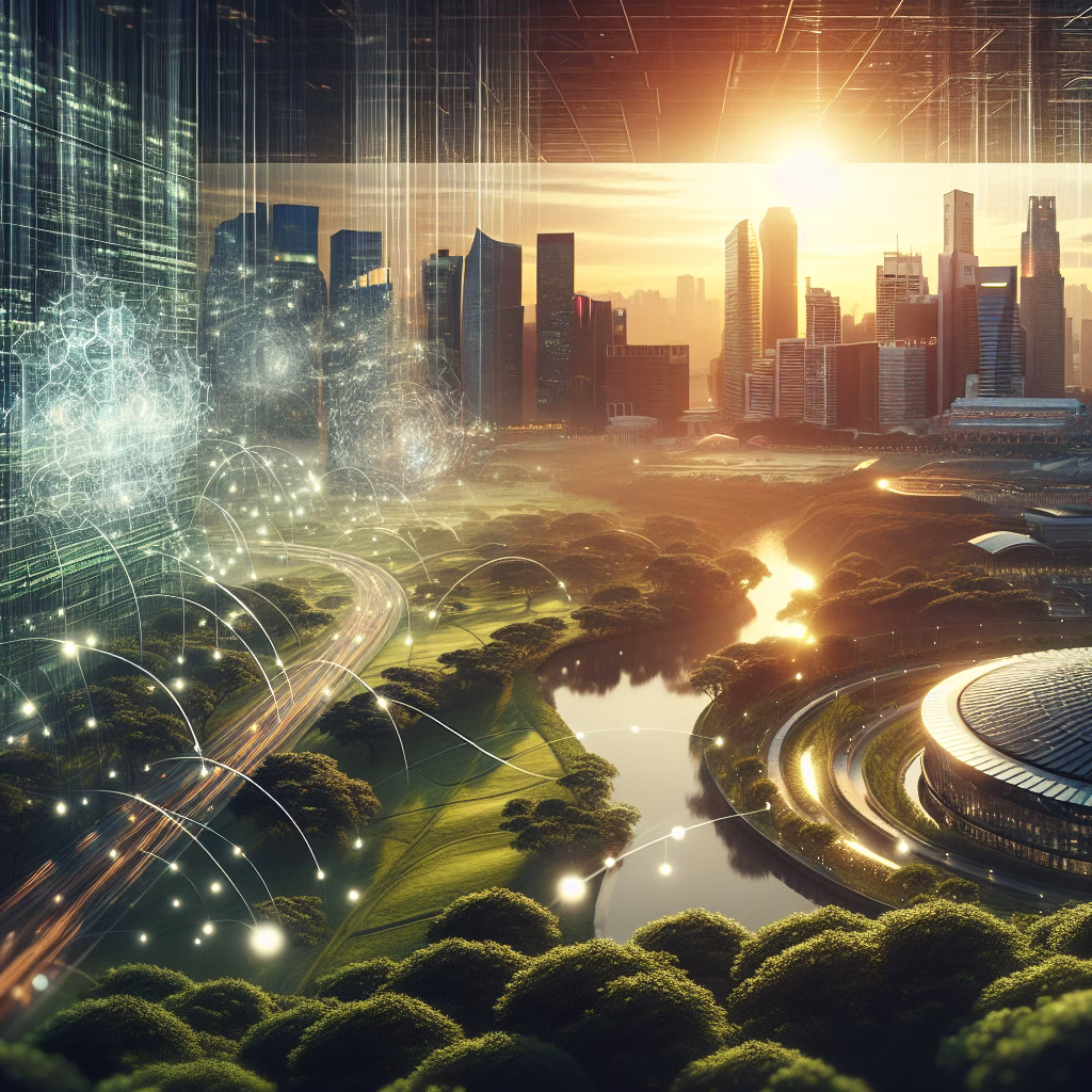 Urban scene with intelligent systems and nature, reflecting AI-driven innovation policy.