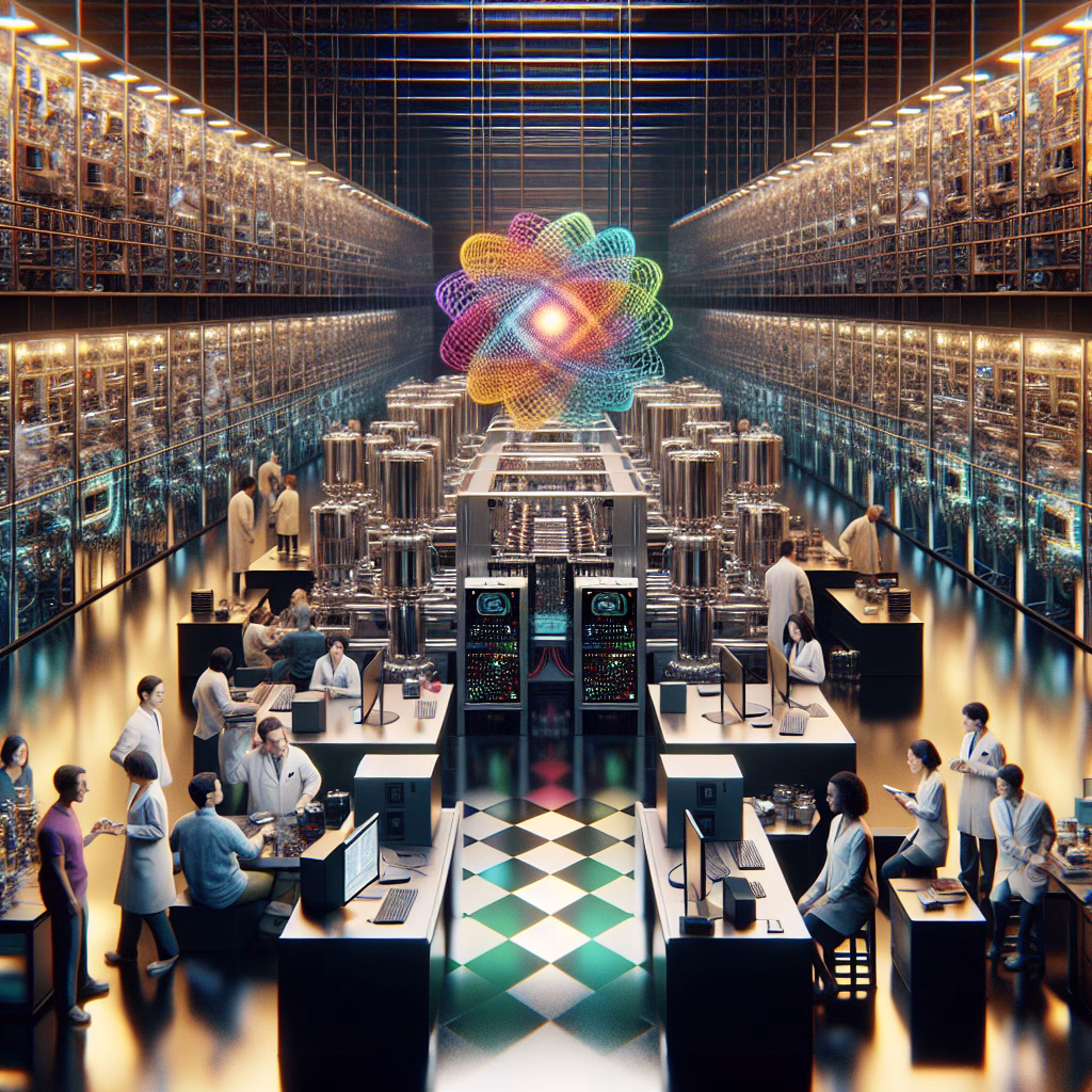 Researchers operate a quantum computer in a lab, exploring quantum computing.