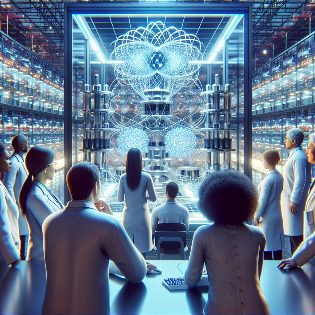 Scientists in a lab with a glowing quantum computer running complex simulations.