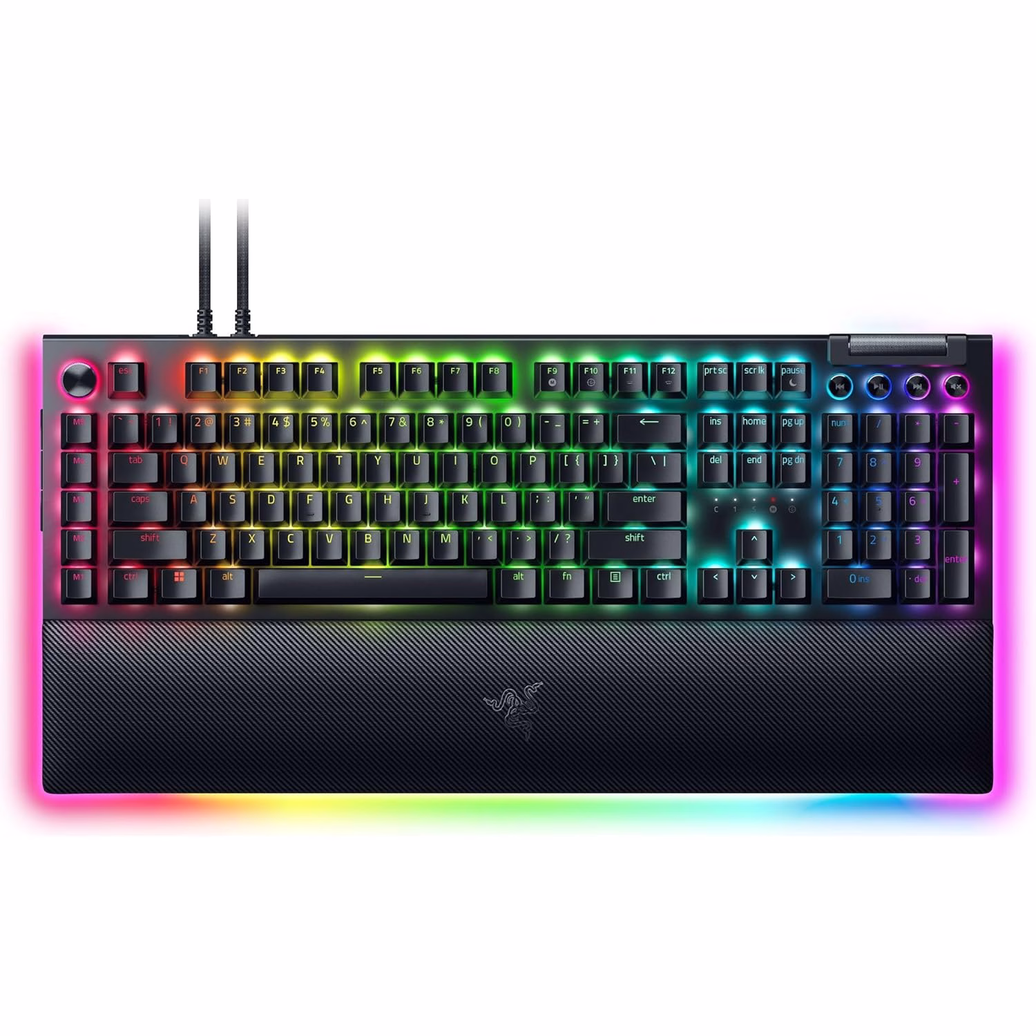 Full-size mechanical gaming keyboard with RGB lighting and wrist rest.
