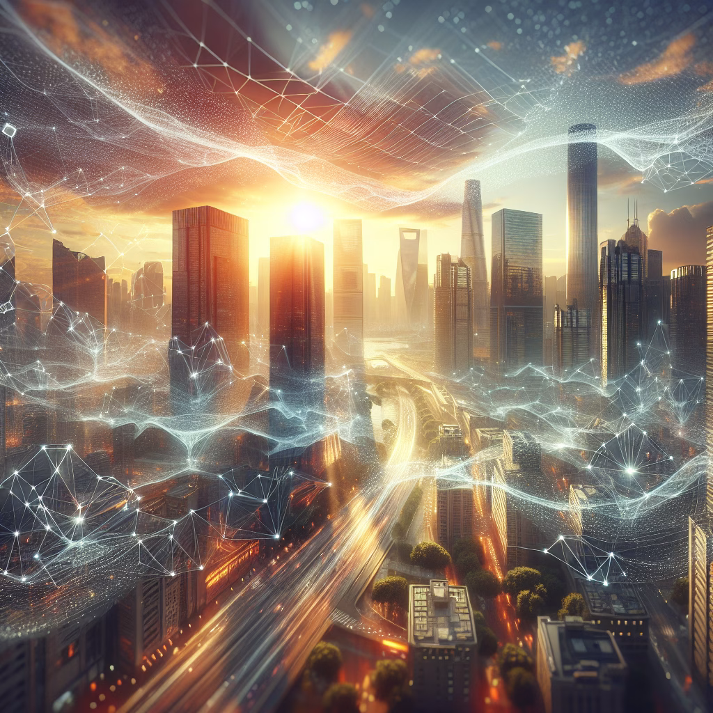 Futuristic city with data streams symbolizing AI analytics integration.