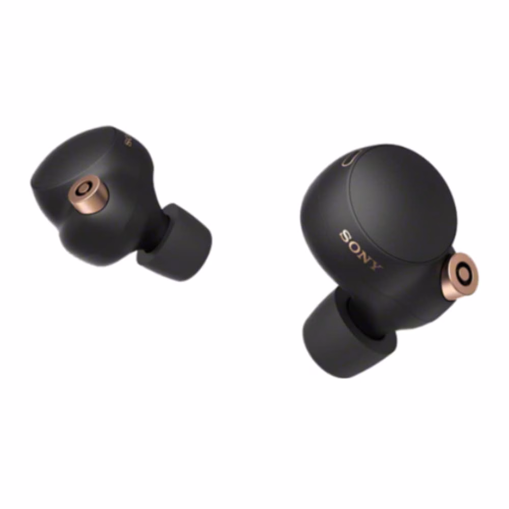 Pair of Sony wireless earbuds with charging case on plain background