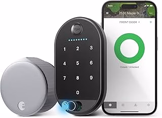 Silver smart lock with touchscreen keypad on door.