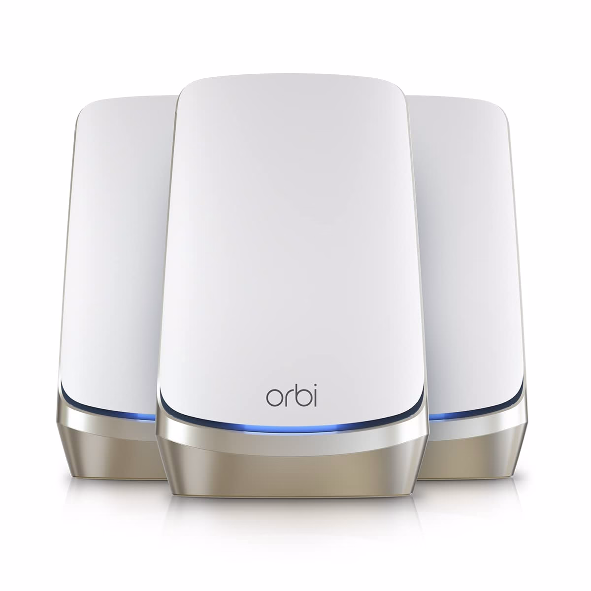 Why Netgear Orbi's Quad-Band Solved My Coverage Issues 5 White tower mesh WiFi system on plain background