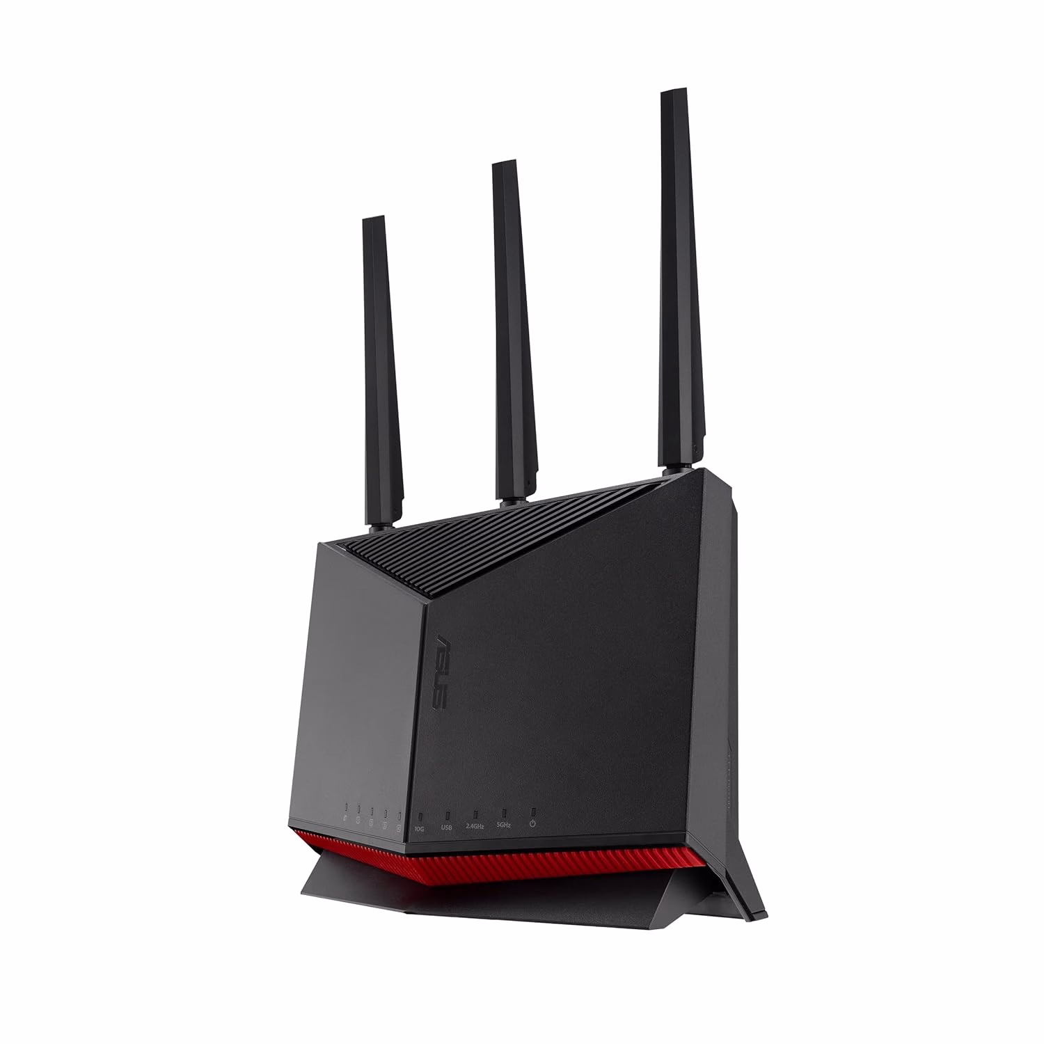 Black dual-band gaming router with antennas on plain background