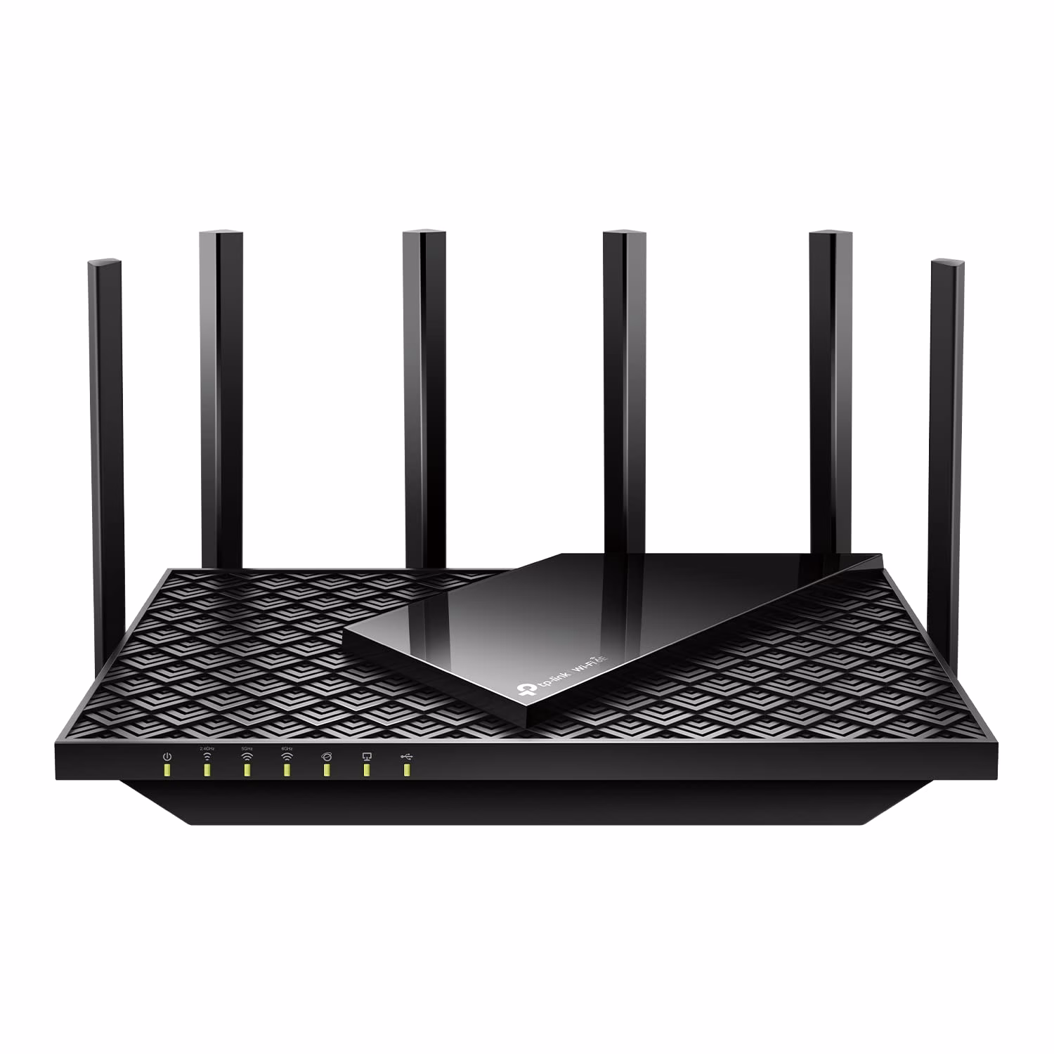 Black dual-band router with six antennas on plain background