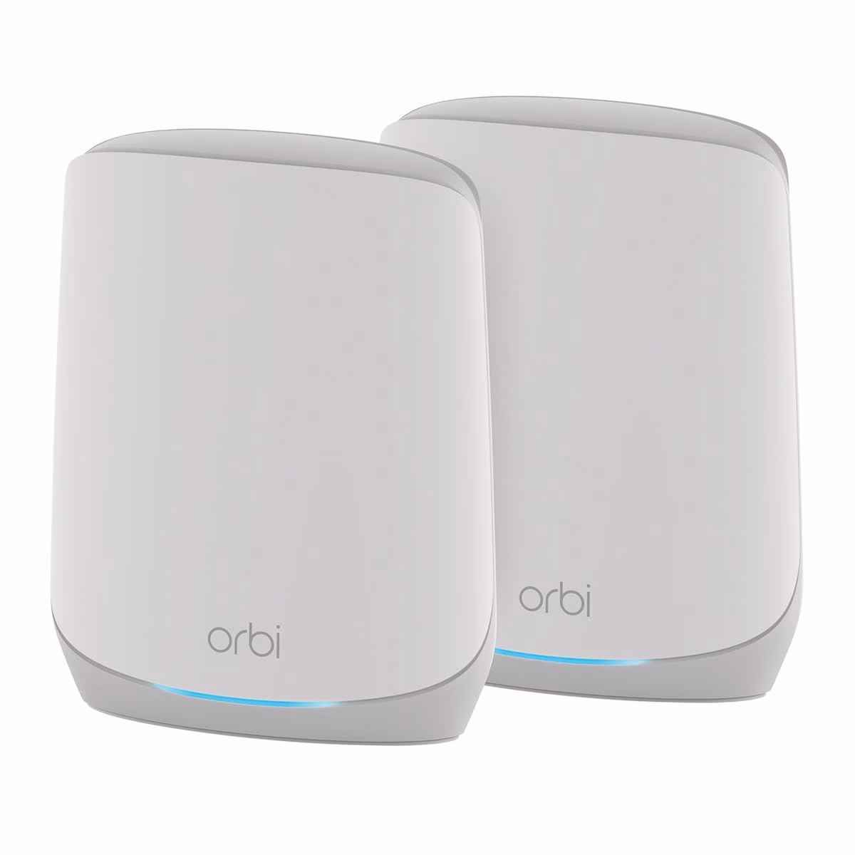 Tri-band Orbi mesh WiFi router and satellite, Netgear, white tower shapes