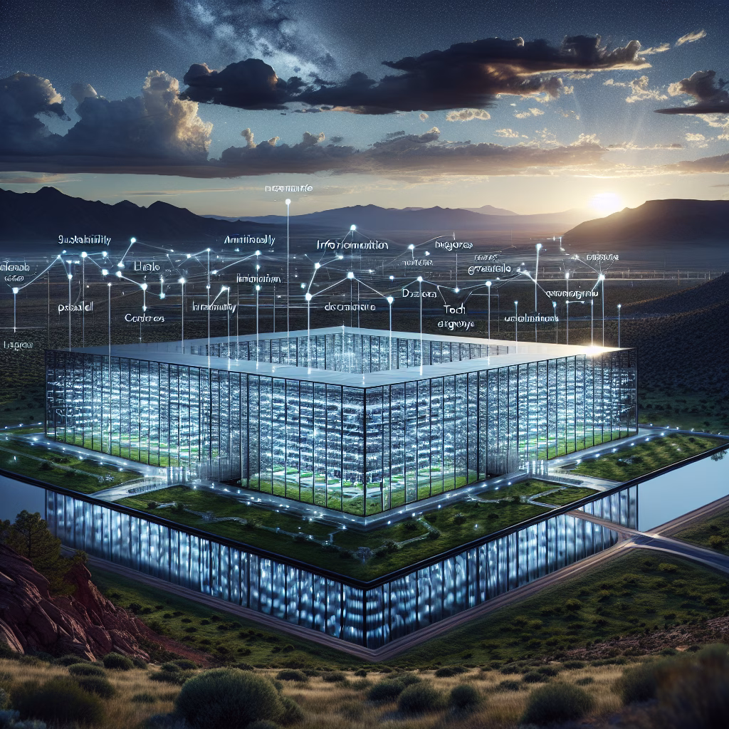 AI Data Centers Transform Rural Arizona Amid Global AI Race 6 Futuristic AI data center in rural Arizona at dusk, blending technology and nature.