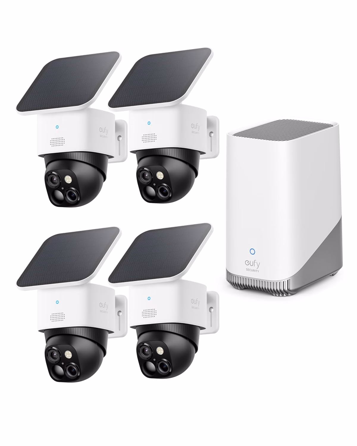 Solar-powered pan-tilt outdoor security camera with dual lenses.