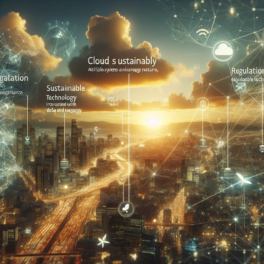 Cloud sustainability in 2025 with tech and nature balance, featuring data streams and renewables.