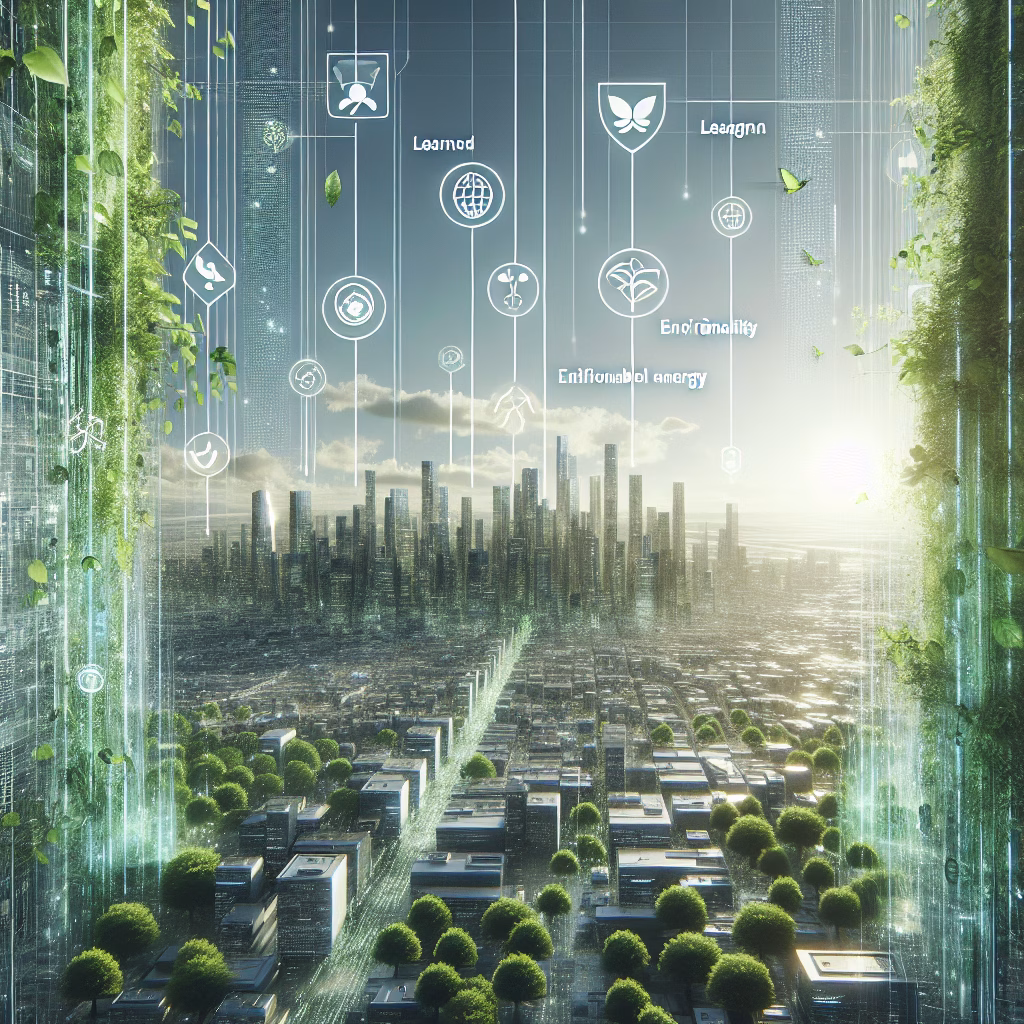 Futuristic cityscape with data streams and greenery, symbolizing technology and sustainability.