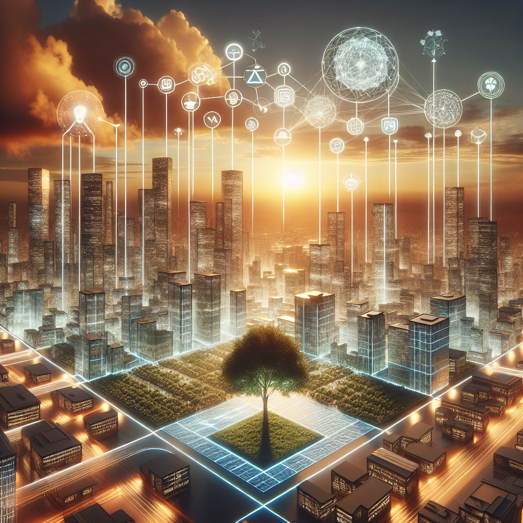 Futuristic city with integrated AI systems and renewable energy at dusk.