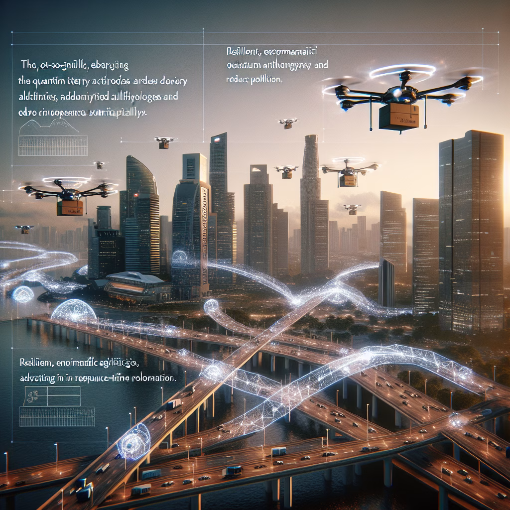 Delivery drones in city sky using quantum algorithms for optimized routes.
