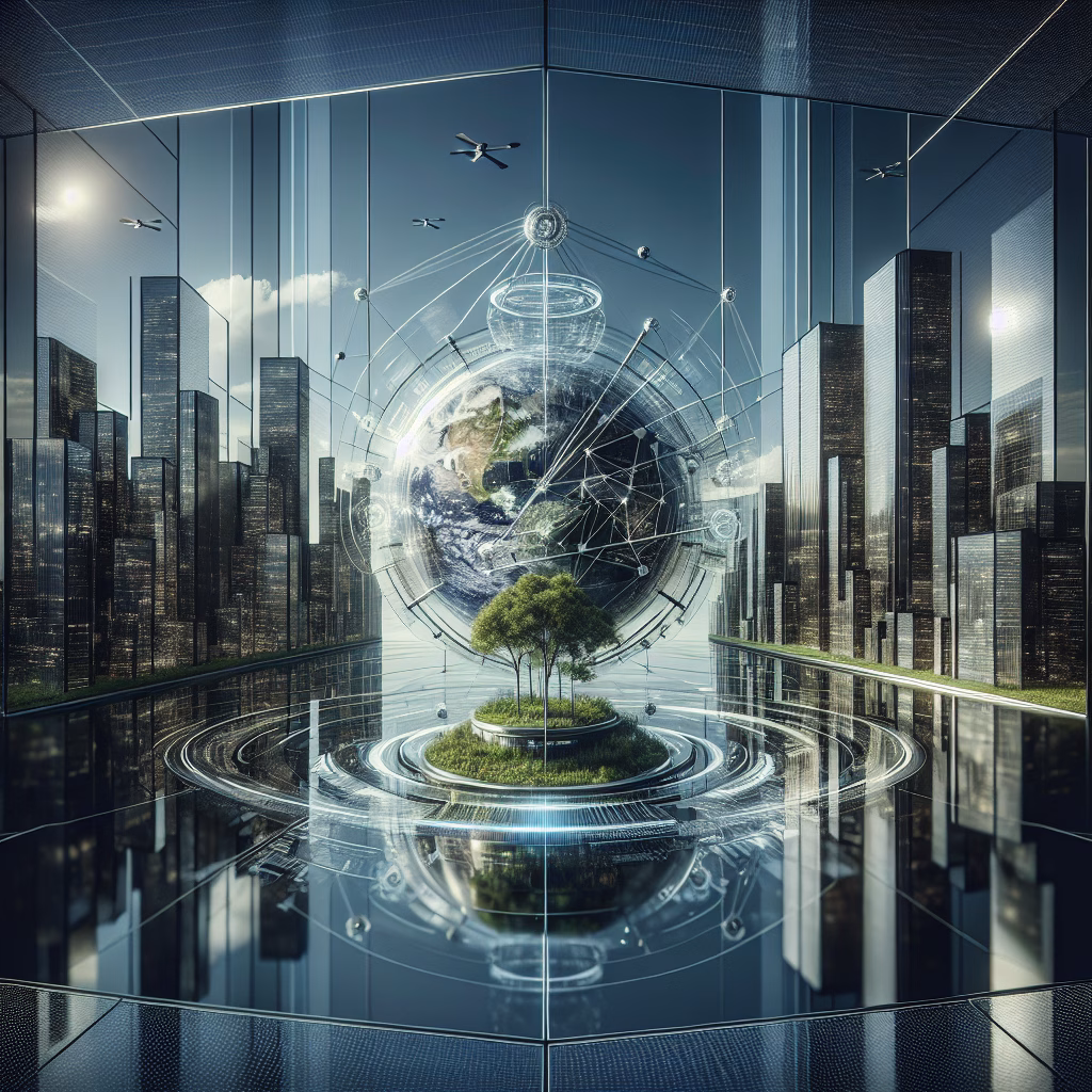 Technology and nature intertwined with transparent data streams and renewable light.