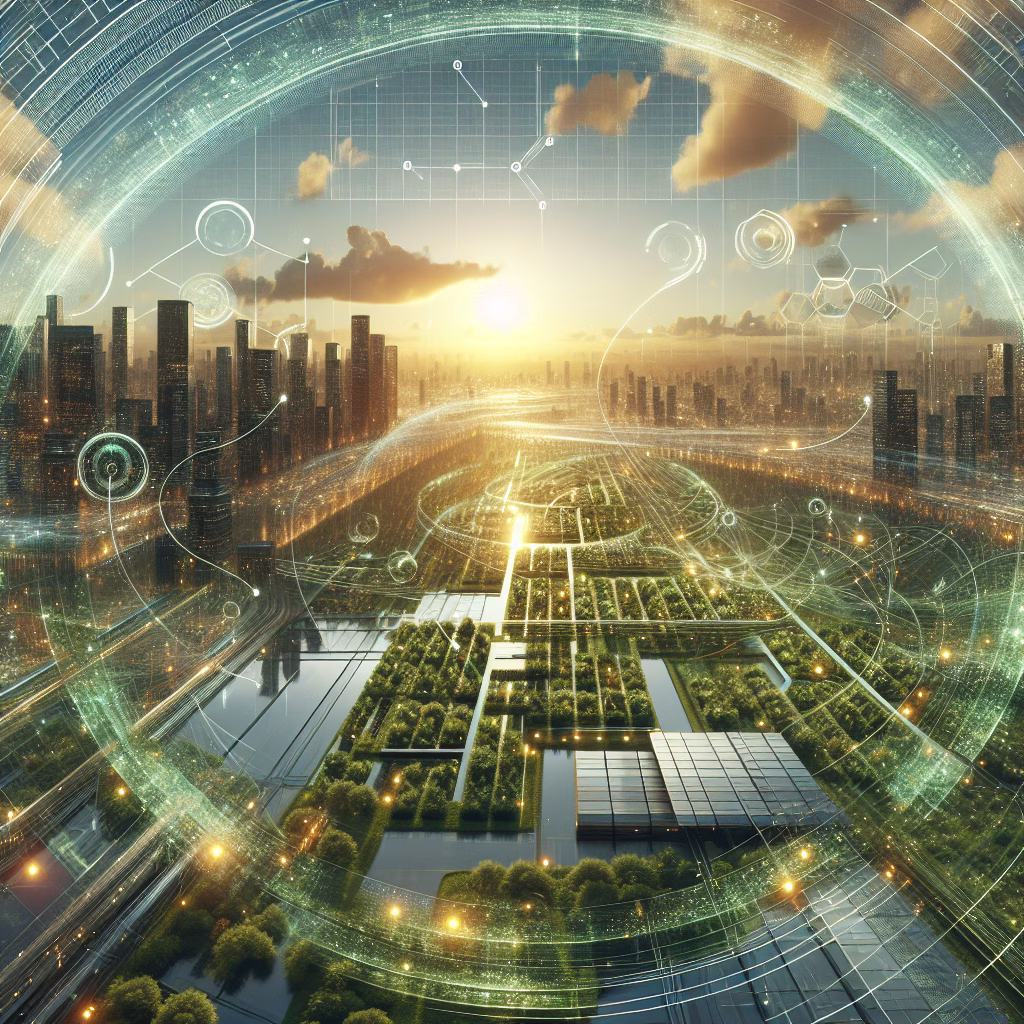 AI technology and sustainability blend with nature and architecture under daylight.