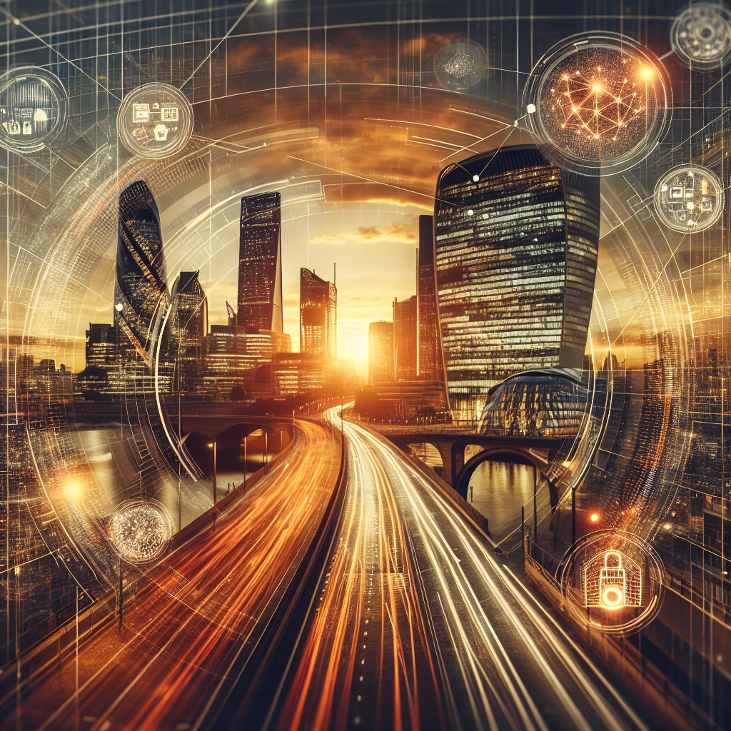 Technology & Innovation 4 Intelligent systems and urban architecture with data streams and renewable light.