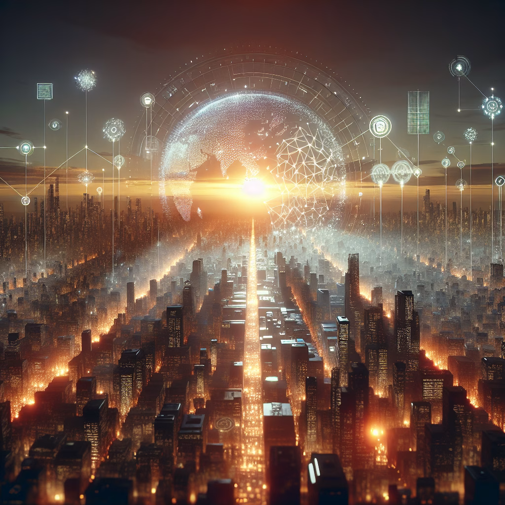 Technology & Innovation 3 Intelligent systems blend with nature and architecture under warm light.