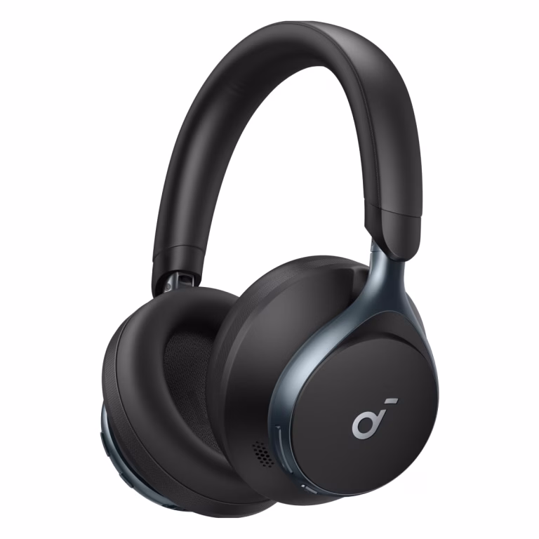 Over-ear wireless headphones in black on white background