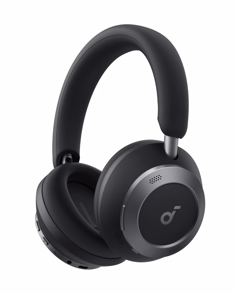 Over-ear wireless headphones in black on white background