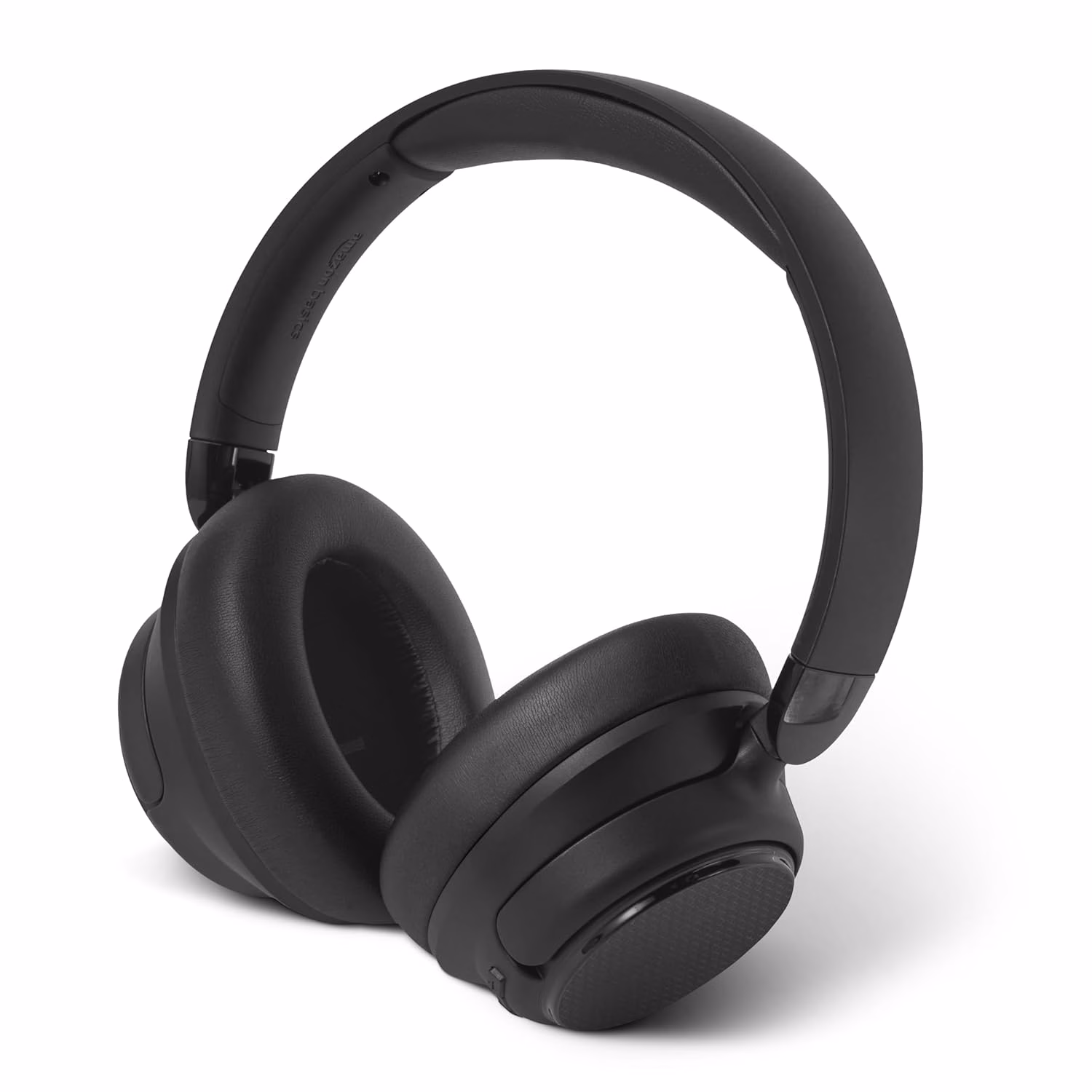 Black wireless over-ear headphones on plain background.