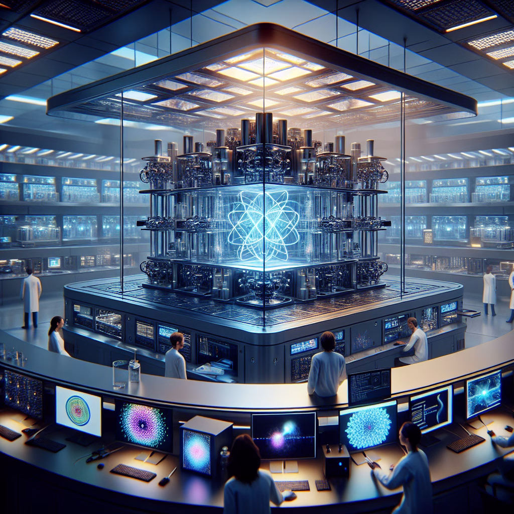 Researchers operate a quantum computer in a lab, observing qubits in superposition.