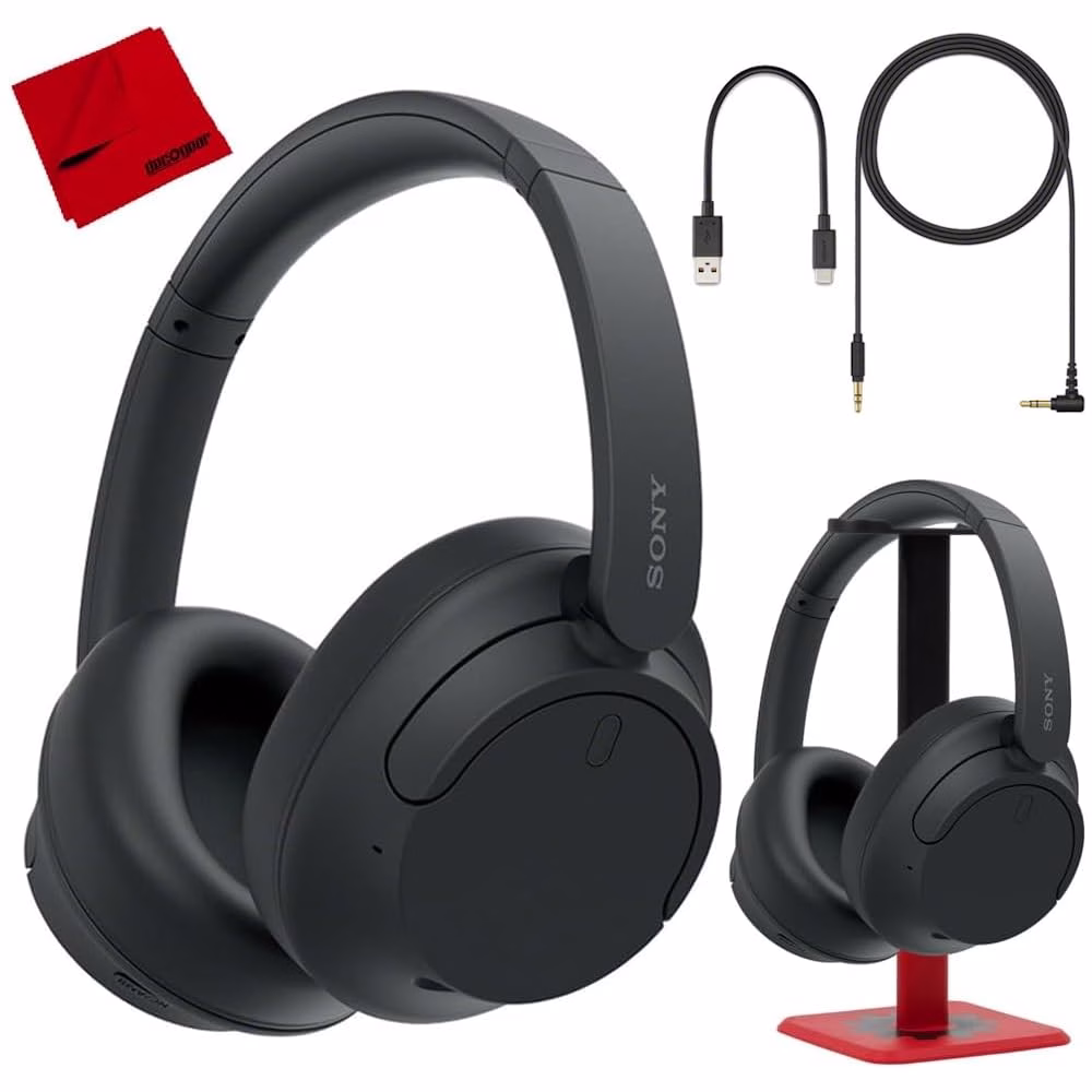 Black wireless over-ear headphones on plain background