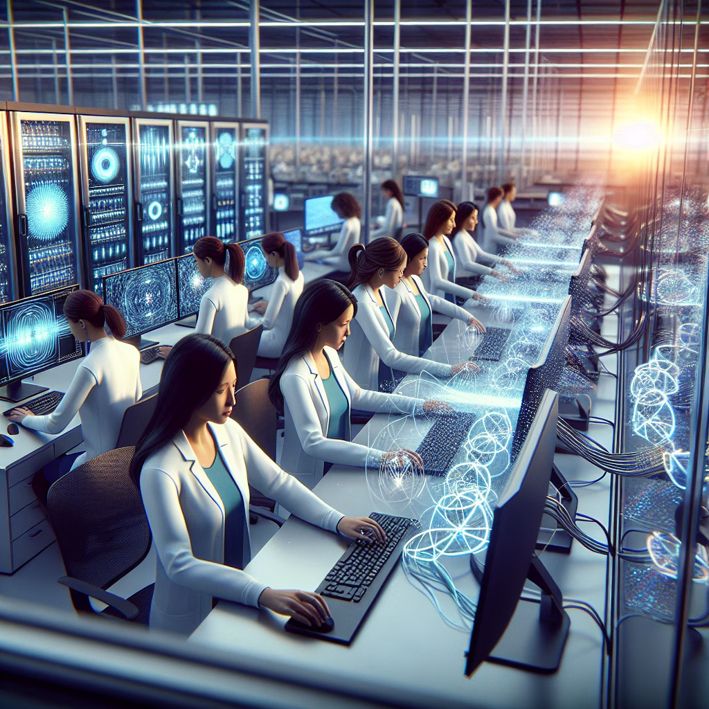 Researchers operate a quantum computer demonstrating Shor's algorithm.