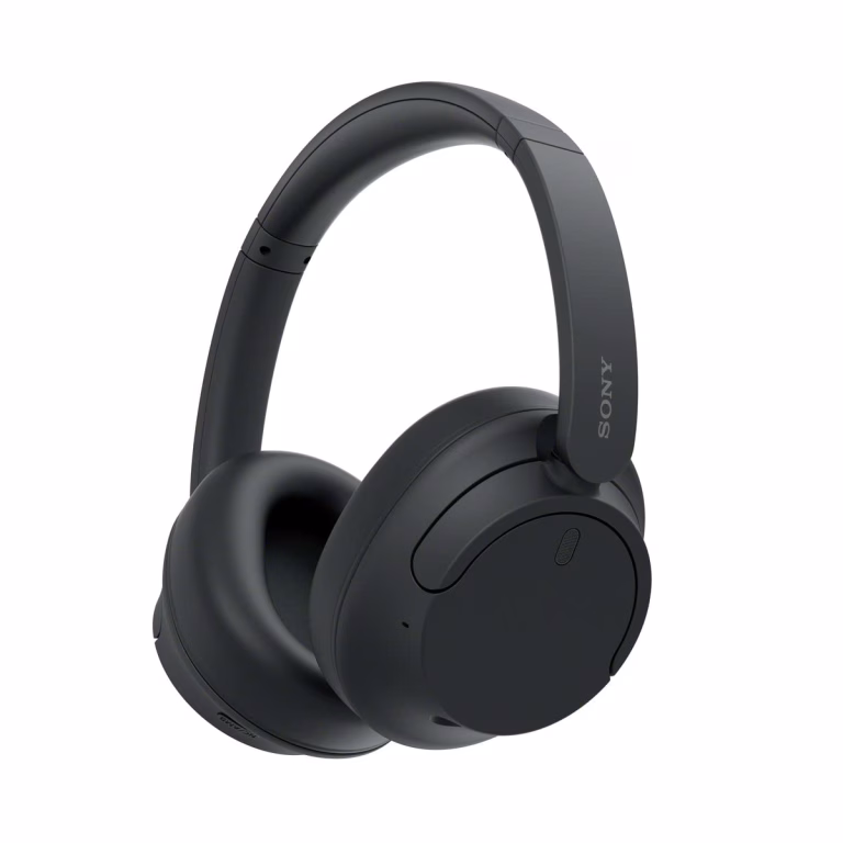 Black wireless over-ear headphones on plain background